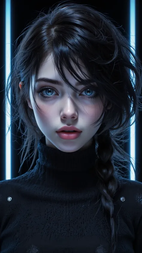  A beautiful artwork showing a black haired smooth 、Charming blue-eyed girl ， Her eyes are fixed on the audience ， expression Serene 。  clean lines and minimalist compositions on a black background with blue neon lights to create a sense of the future。