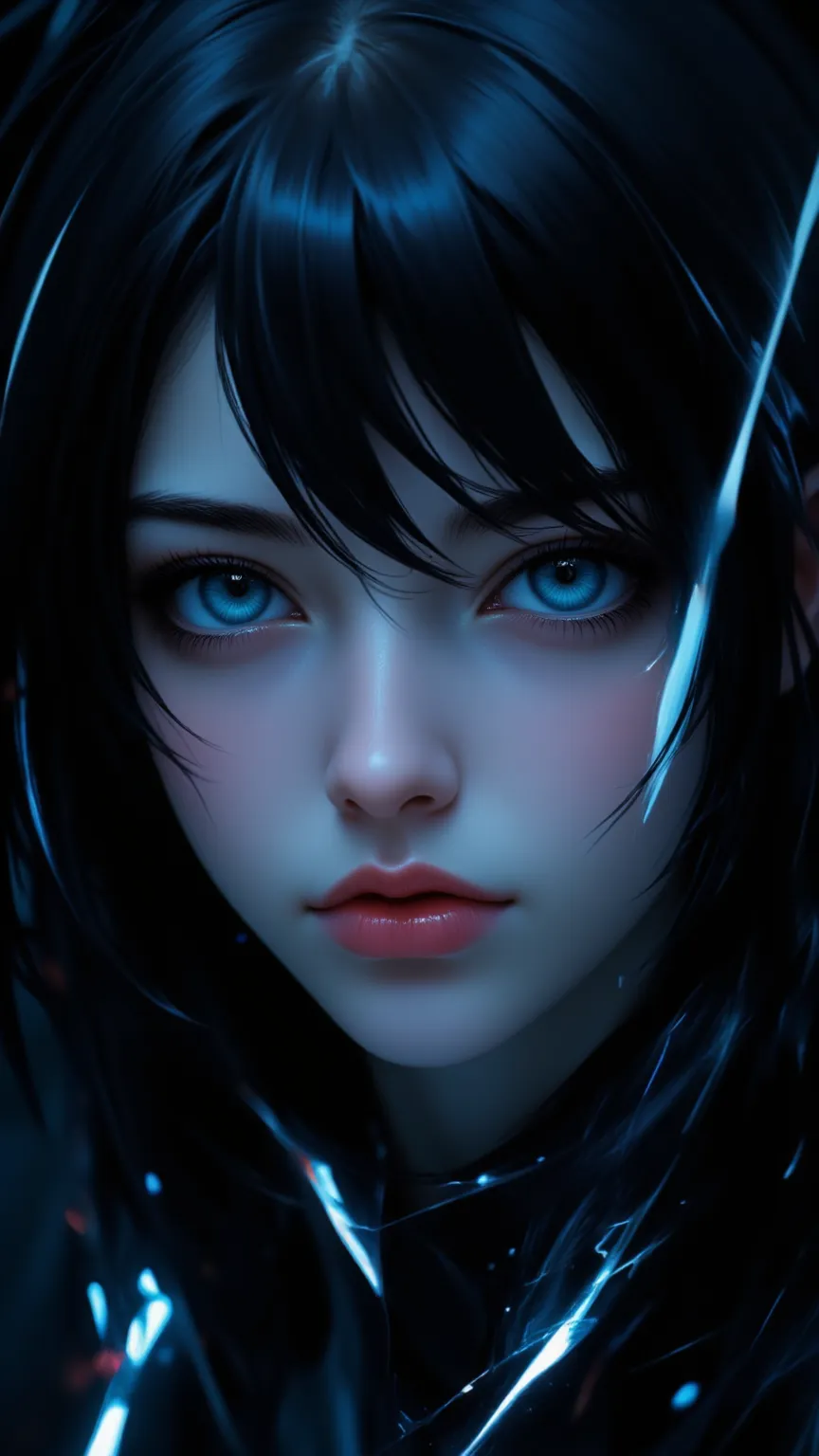  A beautiful artwork showing a black haired smooth 、Charming blue-eyed girl ， Her eyes are fixed on the audience ， expression Serene 。  clean lines and minimalist compositions on a black background with blue neon lights to create a sense of the future。