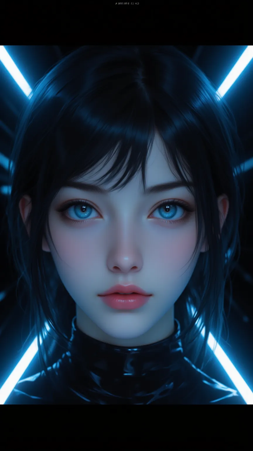  A beautiful artwork showing a black haired smooth 、Charming blue-eyed girl ， Her eyes are fixed on the audience ， expression Serene 。  clean lines and minimalist compositions on a black background with blue neon lights to create a sense of the future。