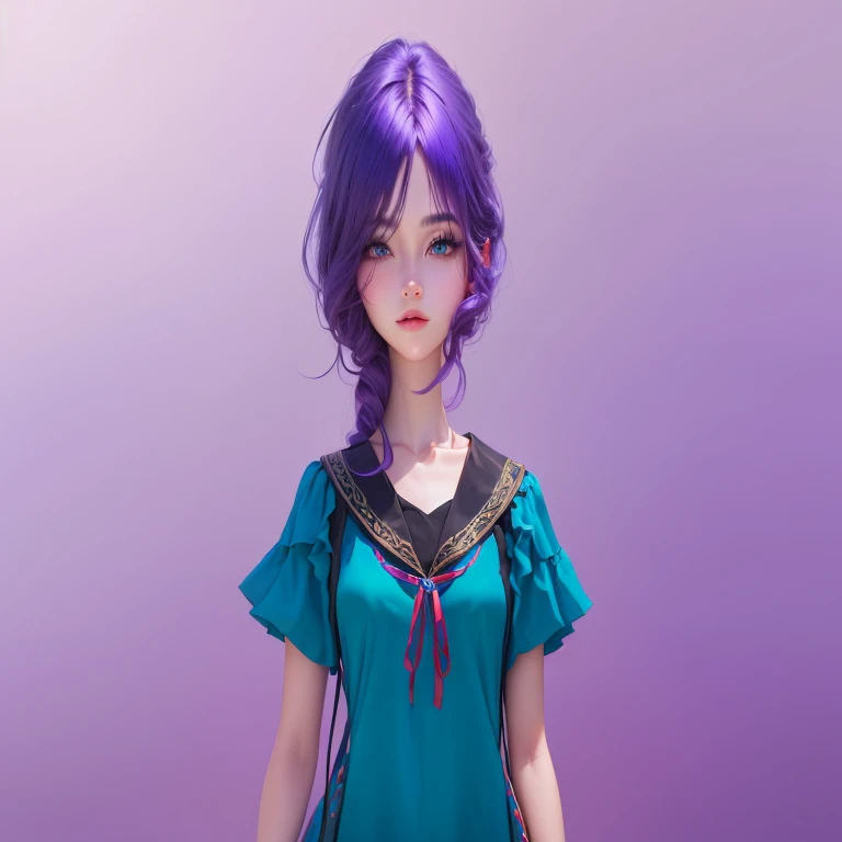 style girl beautiful with purple hair and blue dress posing for, realistic stylized girl render, young 