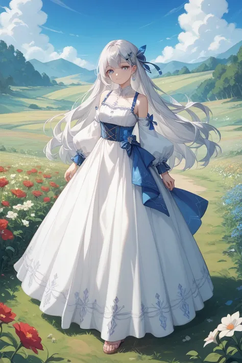  perfect picture、 small face、 almond-shaped eyes、Sapphire Eyes、 long hair、Silver-white hair、 hairpins、whole body、 standing picture、 White Long Dress、 with a straight nose、Plateau flower field