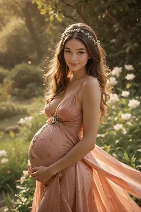 Olivia casta, soft smile, pregnant, wearing a beautiful maternity dress, score_9_up, score_8_up, score_7_up, score_6_up.