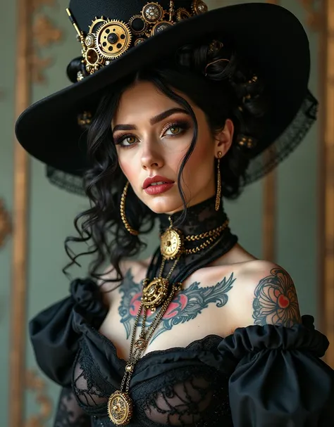  steampunk with this stunning image. An elegant lady in black attire adorned with intricate mechanical elements and unique tattoos embodies the perfect blend of Victorian elegance and futuristic details. Perfect inspiration for creating your own unique sty...