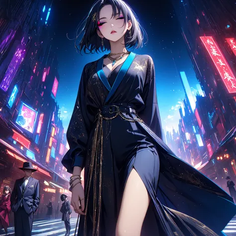   top quality、Ultra-precise depiction、 detailed map、  bright colors visible from the forehead、 beautiful girl 、One person、40 years old、 Height、 long foot、Oriental、 accurate facial depiction、Dark outdoors、 starry sky 、turquoise lighting、Purple Tuxedo、 shirt...