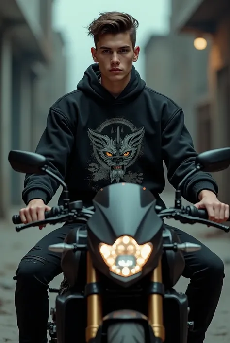 A handsome boy that have black sweater that written IsN . Stay in a motorcycle 