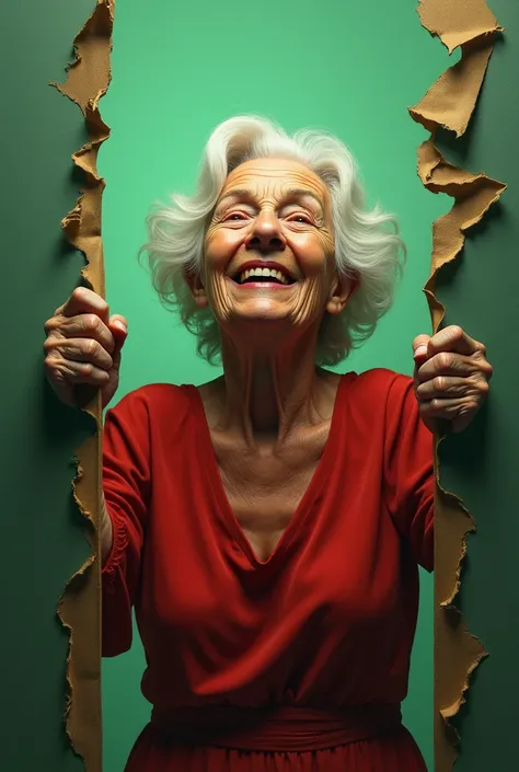   “A hyperrealistic digital painting of an elderly woman with wavy white hair , dressed in a red dress .  The woman is tearing off a large canvas that surrounds her ,  and her face expresses a triumphant joy ,  as if she were freeing herself from a prison ...