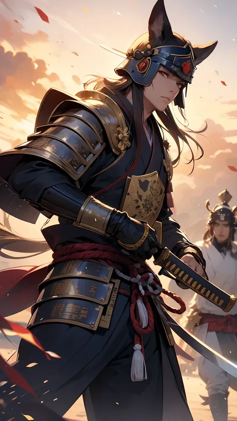 sengoku, samurai, warrior, armor, helmet, grabbing sword,