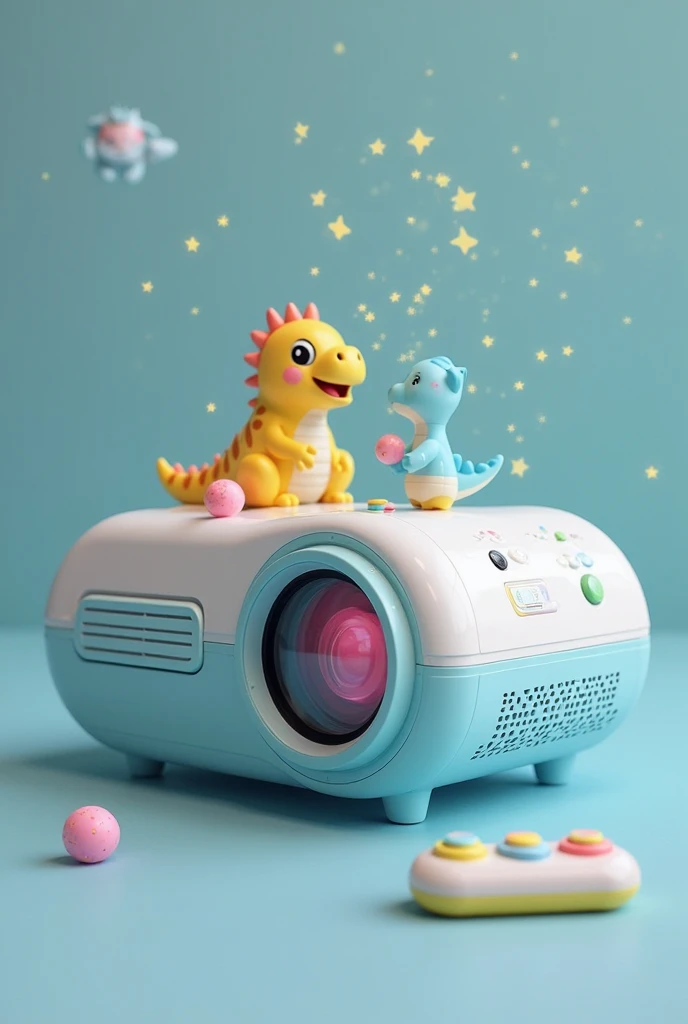  I need to design a projector model for ren targeting 4 to s .  The design should include a mix of themes including dinosaurs, pastels, glitter, and sports, all presented in a fun and cartoony style . Key project requirements :  - Create a projector design...