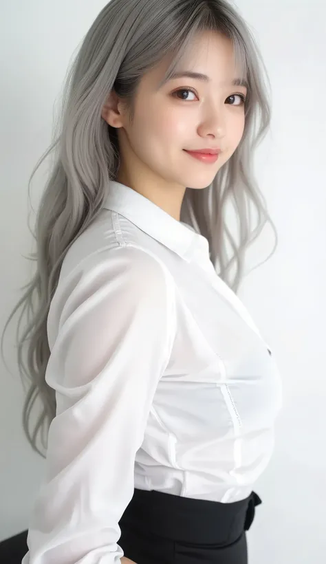 (( masterpiece, top quality)), ( 1 girl), (Alone), ( focused on women), (stupid hair, Gray Hair, very long hair), blond eyes , light smile, Open Your Mouth, (( white shirt), ( buttoned shirt ), ( button gap )), (( black skirt ), ( short skirt)), sta...