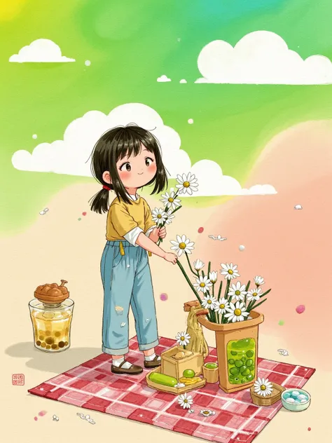 (kawaii aesthetic:1.3), (Korean indie illustration style), (collage elements:0.8), (textured paper background), (Modaeri carrying daisy bouquet), (checkered picnic blanket), (lime green and coral gradient sky), scattered cherry blossoms, (flat perspective)...