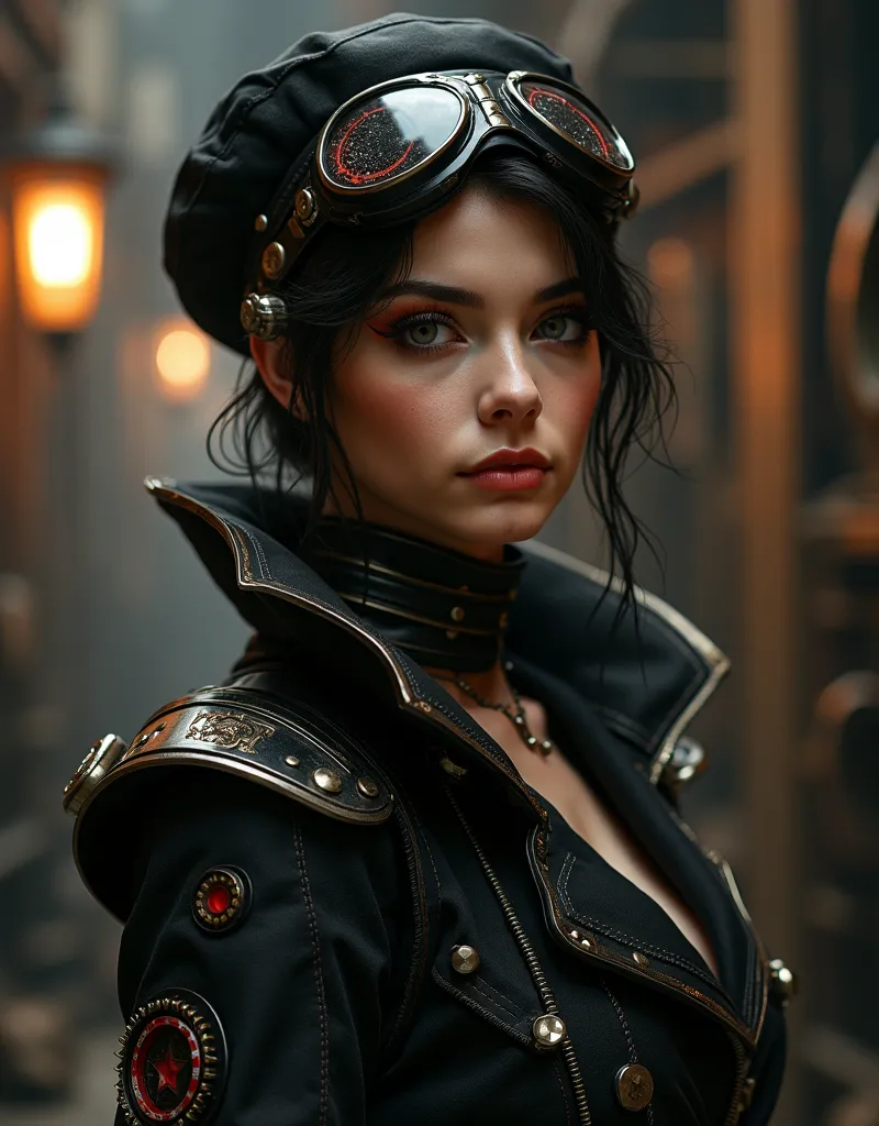 Meet the look of a modern steampunk girl in black attire with mechanical elements. Bright details and stylish makeup make this look unforgettable.