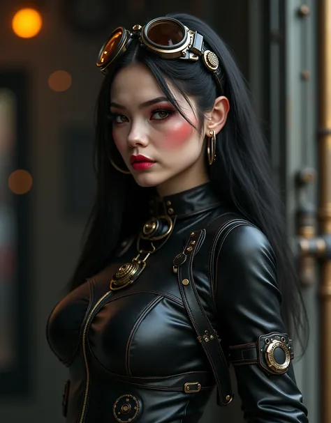 Meet the look of a modern steampunk girl in black attire with mechanical elements. Bright details and stylish makeup make this look unforgettable.