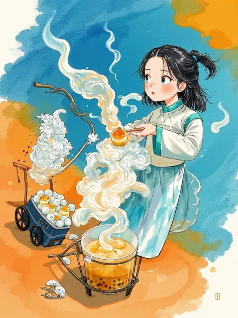 From a close-up perspective, ， The girl in the modified undershirt is scooping up the amber pearls with a bamboo spoon ， white on the shoulder with a light peck on the edge of the sugar pot ， The surface of the wooden cart shows the texture of rice paper f...