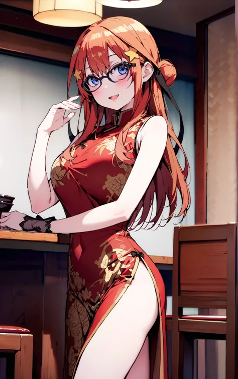 Nakano Mizuki ,  long hair,  blue eyes,  hair ornament,  red hair,  hair bun , star (  symbol ), Lick the boy's penis with half-framed glasses ,  glasses under the rim, star  hair ornament, smile,blush, open the mouth,sleeveless red china clothes,Big Breas...