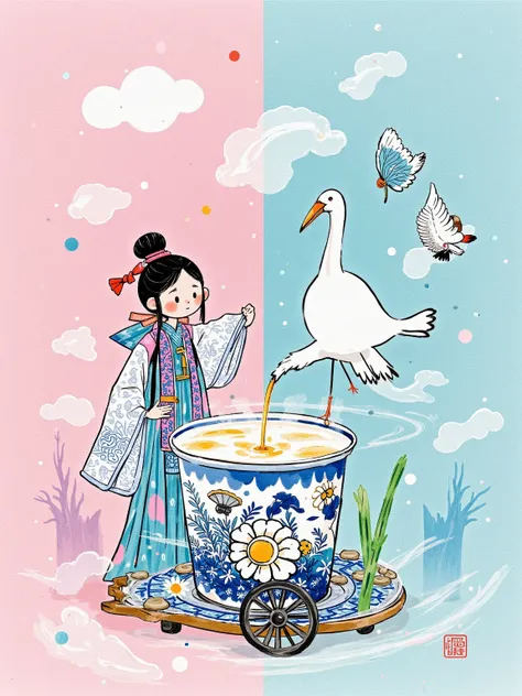  Yeoniu Choi's healing stick figure style ， on the linen base ， The girl's Hanfu costume pattern uses a pen to sketch lines ， fat feathers superimposed screen printing dot effects 。 The pearl milk tea cup body shows digital deformation like blue and white ...