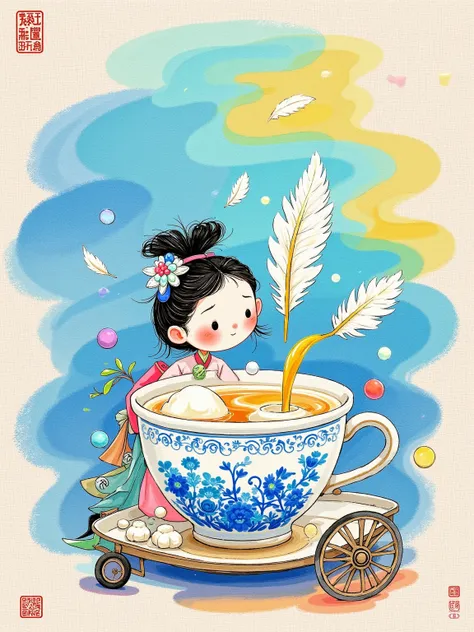  Yeoniu Choi's healing stick figure style ， on the linen base ， The girl's Hanfu costume pattern uses a pen to sketch lines ， fat feathers superimposed screen printing dot effects 。 The pearl milk tea cup body shows digital deformation like blue and white ...