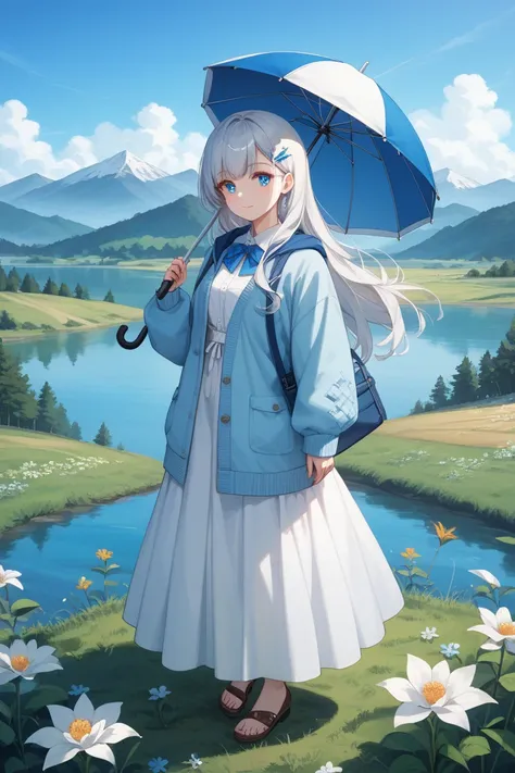  perfect scenery 、 perfect picture、 small face、 almond-shaped eyes、Sapphire Eyes、 long hair、Silver-white hair、 hairpins、whole body、 standing picture、 White Long Dress、 light blue cardigan、Plateau flower field、 Lake visible in the distance 、Snow is piled up...