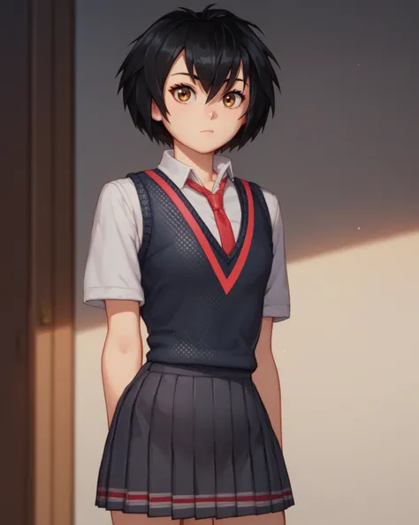  score _9, score _8_arriba, score _7_arriba BREAK PennyParkerSDXL,Alone ,1 girl, short hair,skirt,shirt, black hair, hair between the eyes , brown eyes,  school uniform,white shirt, Short Sleeves,pleated skirt,tie,collared shirt,black skirt,if,dress shirt,...