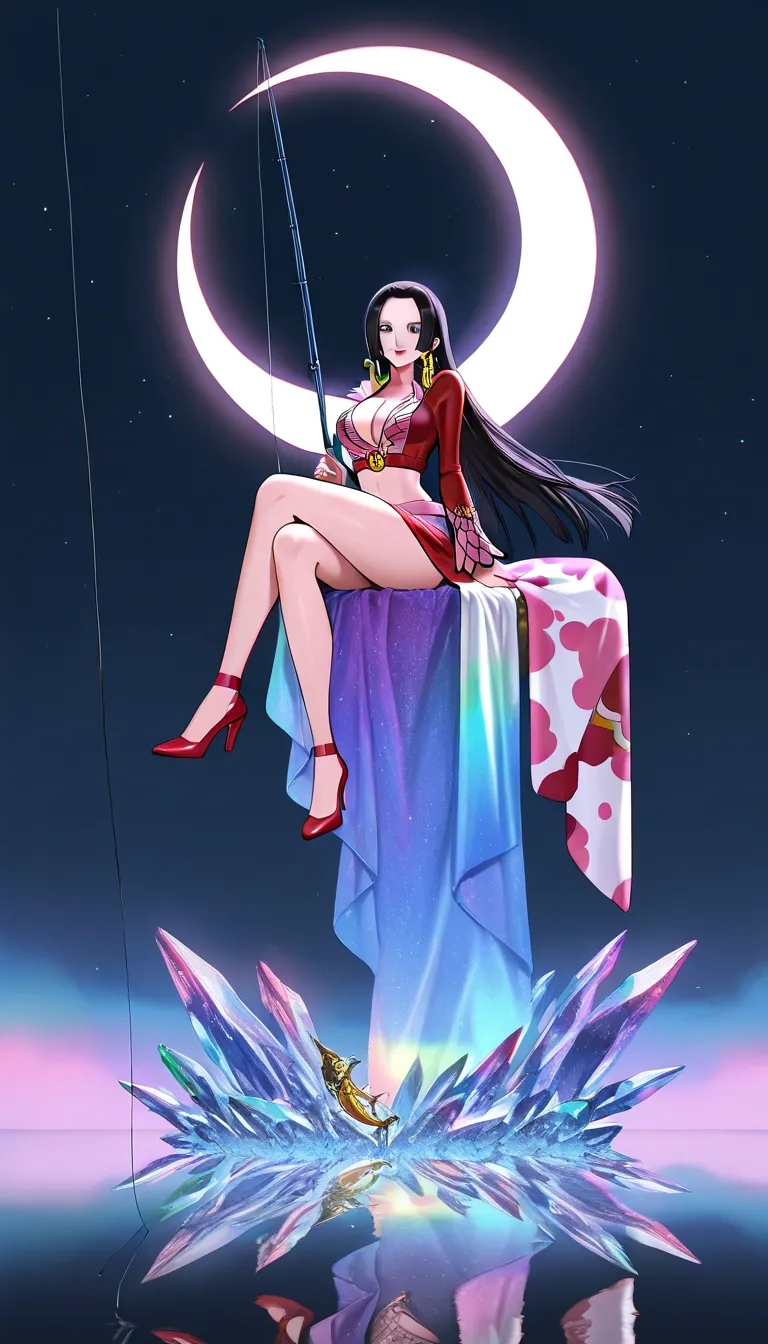 Attractive fishing girl Boa hancock, sitting on a crescent moon, 1 person, A very thin line is hung straight down from a fishing pole, Aesthetic Earth attached to the top, Transparent and aesthetic internal illumination, Artistic Design, Dark pop fantasy, ...