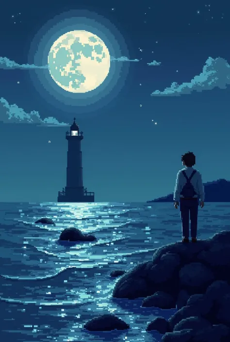 I want a gif in 8-bit pixel art based on this poem: man by the sea, No voice or crowd can fill the void,
Of being alone, of being.

I hear the waves of people,
Majestically flowing into our city sea,
Bringing moonlit nights without stars,
Red lights and sm...