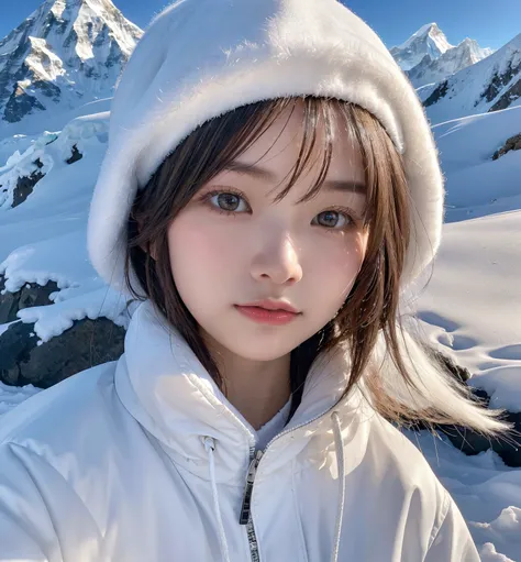 On the summit of Mount Everest, an elegant 18-year-old Japanese girl with platinum white bob hair wears a stylish white knit hat and a chic white down jacket. Her serene expression reflects both confidence and grace. The vivid, almost transparent blue sky ...