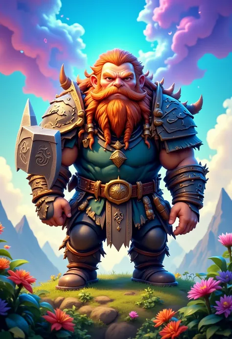  Cute Dwarven Warrior: Wielding a petite hammer while standing atop a whimsical mountain peak.