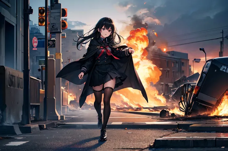 High image quality, high resolution, smooth gradation, vivid colors, a black cloak, a black student uniform, black stockings, black lace-up shoes, black hair, a high school girl, Winter morning, at the bus stop, the car bombing out and burning, a girl slip...