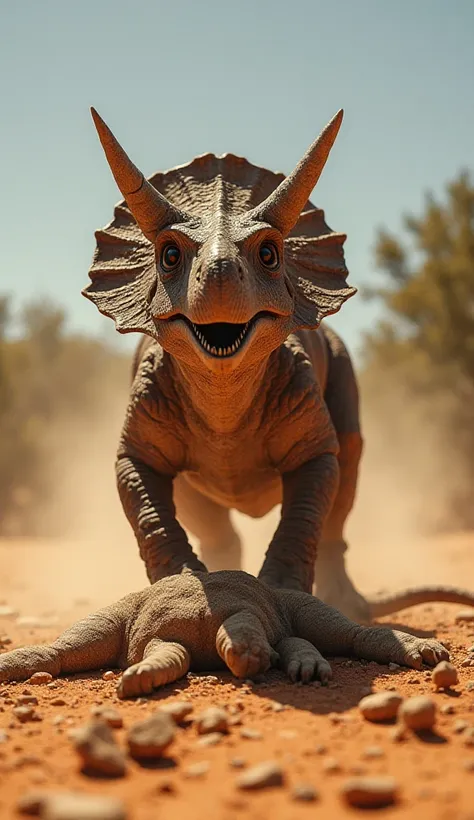 "A victory scene in the harsh outback: A Protoceratops stands triumphant over the fallen Dingo, its beaked snout raised in victory. The dinosaur's powerful build and sharp beak tell the story of the battle, while its distinctive frill appears more prominen...