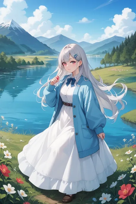  perfect scenery 、 perfect picture、 small face、 almond-shaped eyes、 emerald eyes、 long hair、White silver hair with pink tips、 hairpins、whole body、 White Long Dress、 light blue cardigan、Plateau flower field、 Lake visible in the distance 、Snow is piled up on...