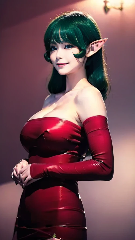  ((masterpiece,best quality,ultra-delicate,Perfect Face,16k,very detailed eyes,high resolution,very beautiful japanese young girl,very cute,realistic photo,sharpness,raw photo)),bright green colored hair:5.0,Red strapless bodycon tube dress with huge red b...