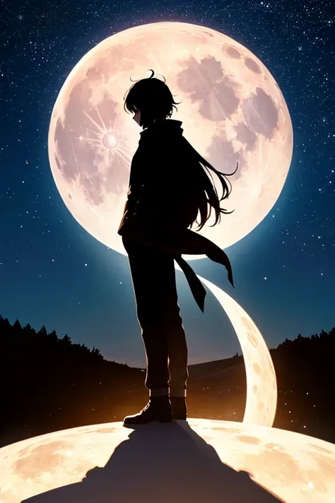  top quality,Big moon and shadow,A silhouette of a person can be seen against the backdrop of a large moon.,There is one full moon,There is a mood, beautiful scenery, starry sky 