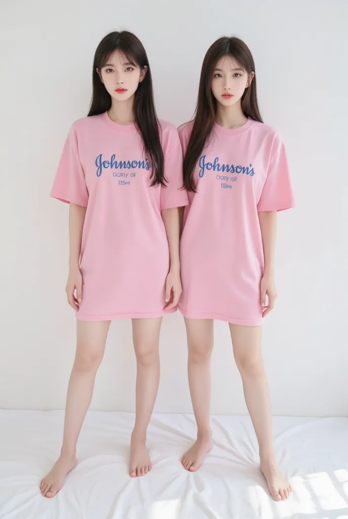 [Subject]: Two Korean women wearing the oversized pink T-shirt and white panties,
[Details]: Both women have long, straight, dark hair, with their heads side-by-side. The T-shirt has "Johnson's baby oil 125ml" printed on it in blue text. They are standing ...