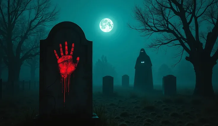 create a thumbnail for youtube written "The Graveyard Curse: True Horror Story That Will Haunt You Forever!" of  A dark, abandoned graveyard at midnight, covered in fog. A cracked tombstone in the foreground with eerie, glowing handprints on it. In the bac...