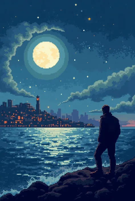 I want a gif in 8-bit pixel art based on this poem: man by the sea, No voice or crowd can fill the void, Of being alone, of being. I hear the waves of people, Majestically flowing into our city sea, Bringing moonlit nights without stars, Red lights and smo...