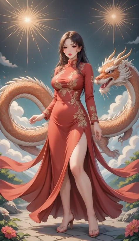 CNY，Chinese Dragon，Cheongsam Girl，Red long shirt，Fireworks