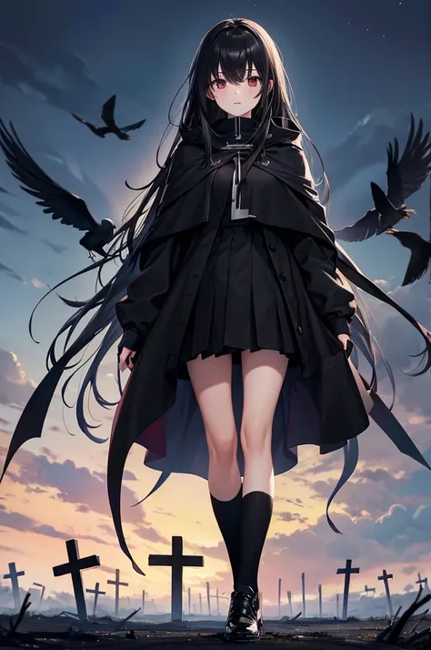 High image quality, high resolution, smooth gradation, vivid colors, a black cloak, a black student uniform, black stockings, black lace-up shoes, black hair, a high school girl, Dark skies, a desolate atmosphere, a large dead tree with a flock of crows, a...