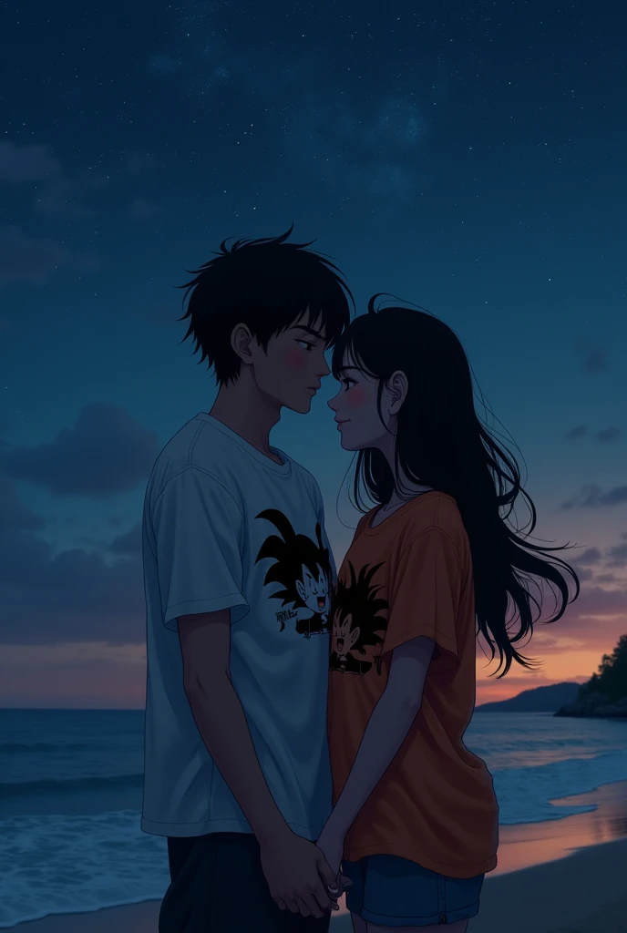 romantic couple wearing Goku t-shirt on the beach at night,  Realistic 