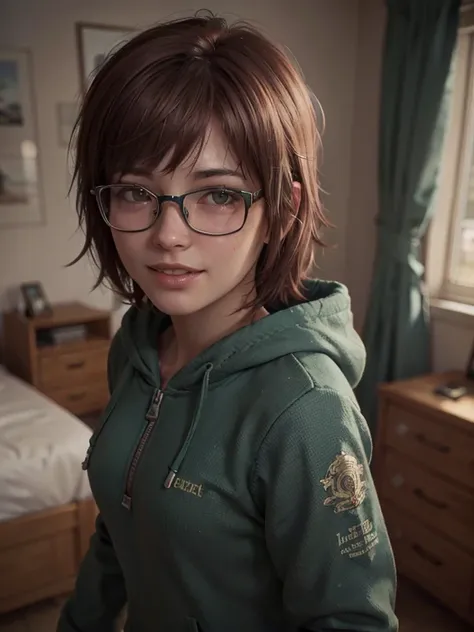  close-up,  upper body . Short,  red hair,  green eyes,  diopter glasses with metal frames, green hoodie with zip, ( long sleeves:1.2), smiling  girl in the bedroom. ( Masterpiece ,  top quality,  best quality,  official art ,  beautiful and aesthetic:1.2)...