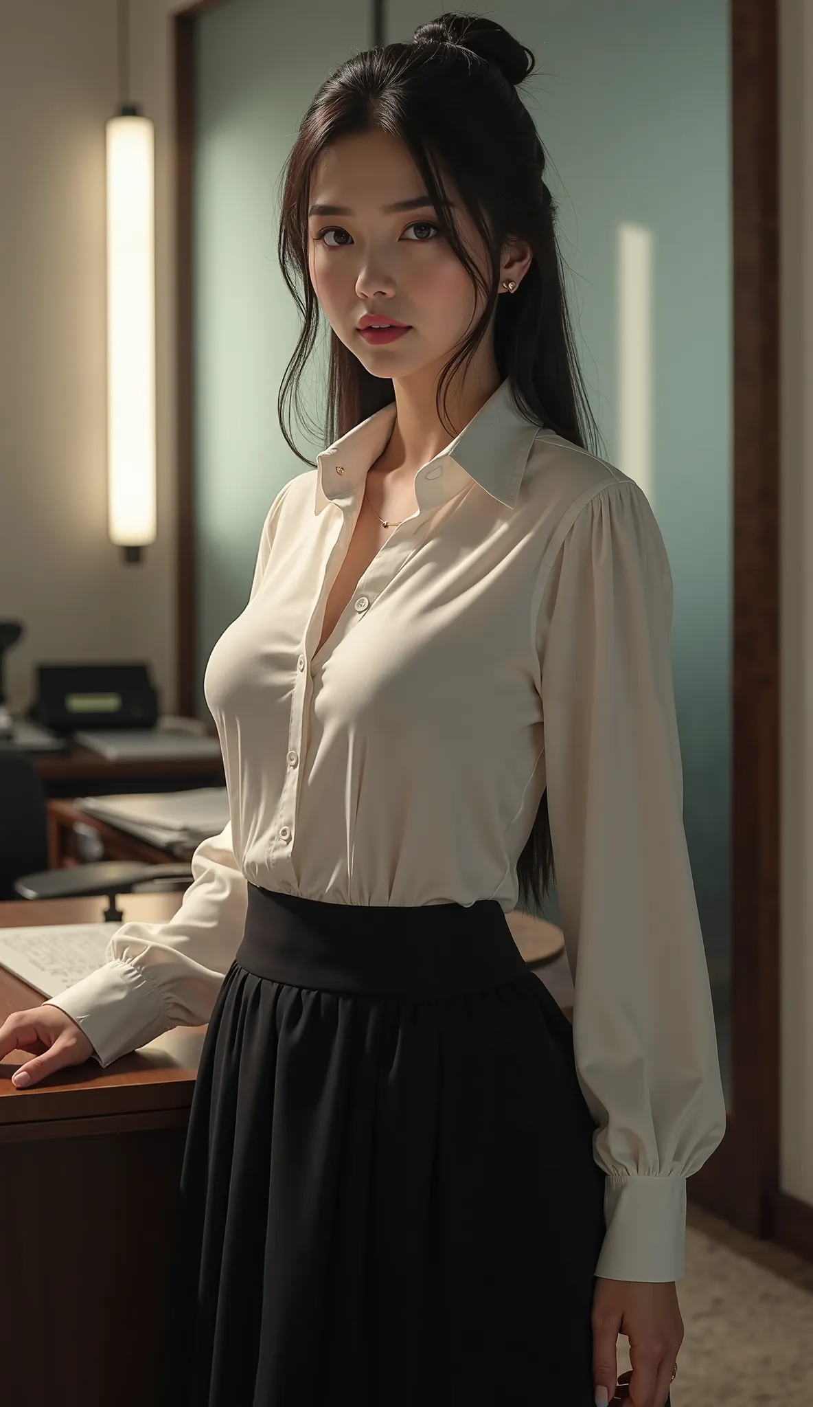 Beautiful Japanese woman, white skinned, black hair tied up, big breasts, wearing a long-sleeved white shirt, wearing a long black skirt, standing sexily in the office, sensual atmosphere