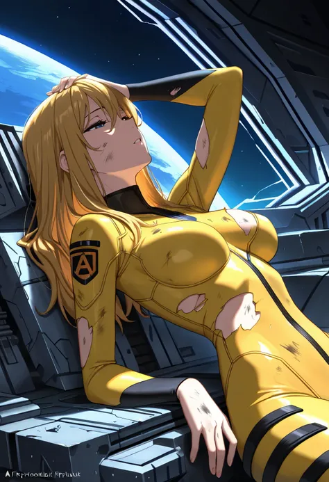 (masterpiece, best quality), , 1girl, fyuk1, solo, half-closed eyes, long hair, yellow_bodysuit, torn, dirty, a troubled face, parted lips, leaning back, looking away, hand on own head, broken spacecraft, , night, dark lighting,