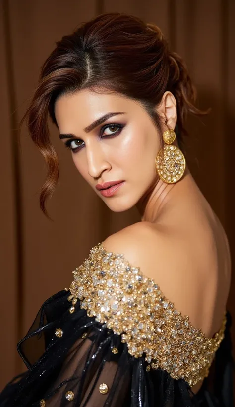 Kriti wearing shiny black thick latex only (thick latex) saree over a golden latex full sleeve blouse full of elegant embroidery work, giving sexy seductive mistress pose inside modern romantic honeymoon bedroom, seductively inviting you on bed with seduct...