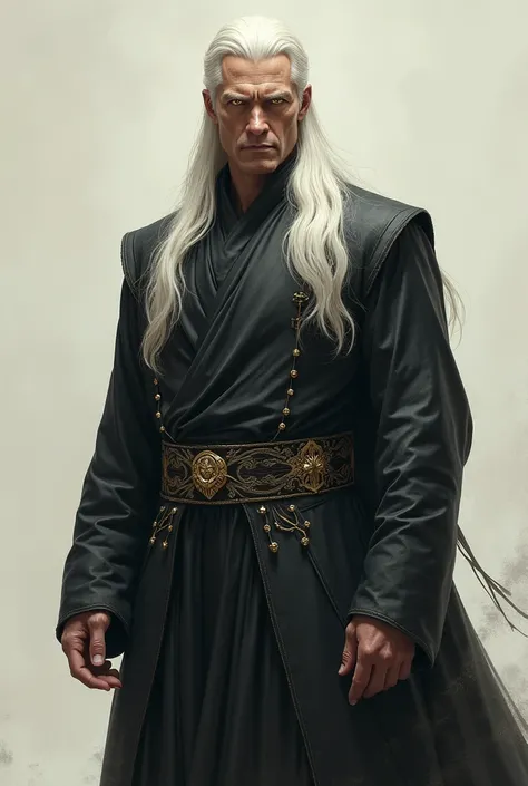 a tall muscular brooding figure, with sharp facial features, along with his long white silky straight hair and piercing golden eyes in silk clothing