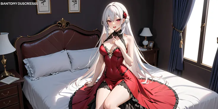 ( top quality,  masterpiece,  super precise,  high res), 8k,  anatomically accurate body  ,  anime girl has long white hair、 wearing a nice dress, Change in dress, Nightcore,  red dress,  Gothic Maiden anime girl , White-haired goddess,  beautiful attracti...