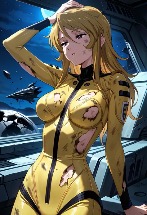 (masterpiece, best quality), , 1girl, fyuk1, solo, mori yuki, blonde hair, purple eyes, half-closed eyes, long hair, yellow_bodysuit, torn, dirty, a troubled face, parted lips, leaning back, looking away, hand on own head, broken spacecraft, , night, da...