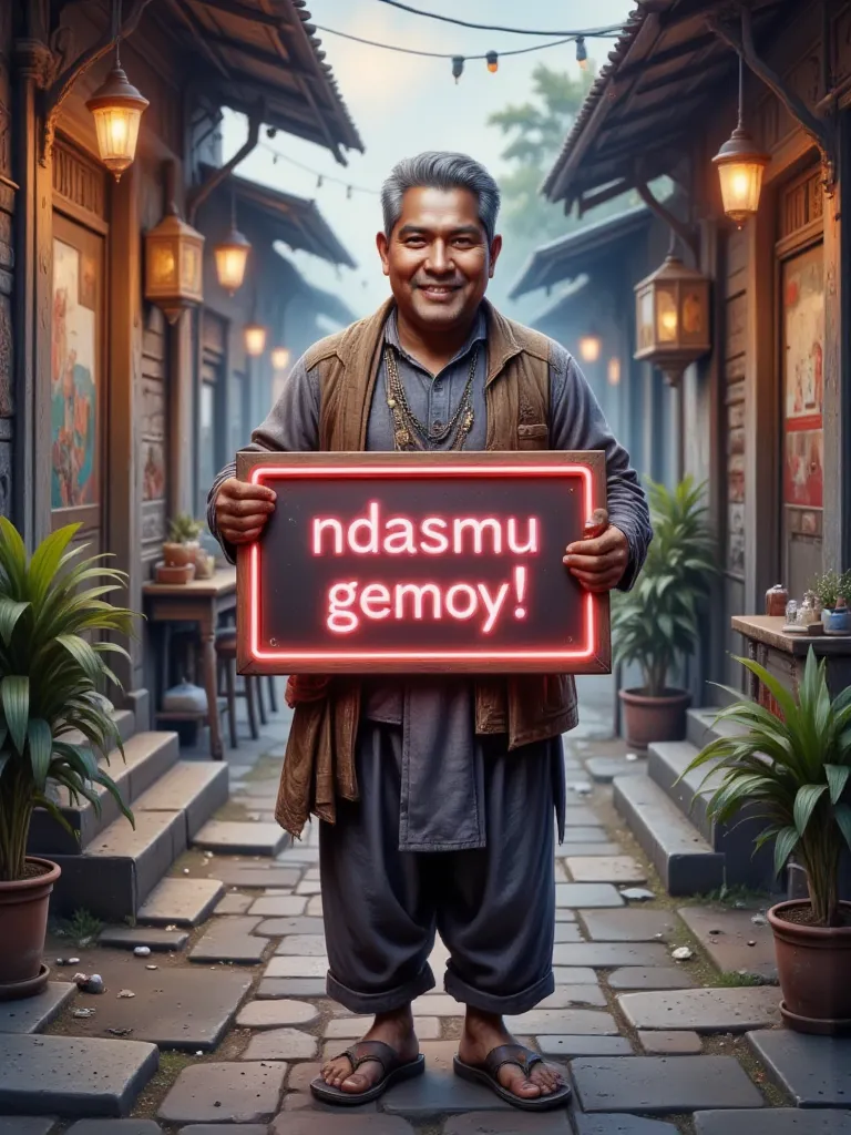 A smiling middle-age slightly fat Indonesian man holding a neon sign with text "NDASMU GEMOY !", he is wearing muslim shirt and sarong and sandals.