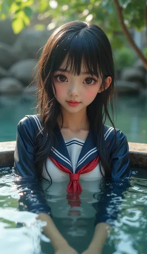 ((  top quality )), (( masterpiece)), (photo-realistic),  girl,( from below）、  top quality 、8k、  Award-winning work  、  super high resolution )、 ( Close up of the upper body of a female high school student in an outdoor hot spring wearing a sailor suit :1....