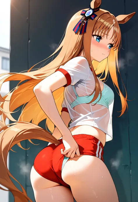 ((1 girl)), glass wonder\(umamusume\), uncensored, from back, ass focus, horse ears, bangs, very long hair, horse tail, multicolored hair, brown hair, long hair, horse girl, blonde hair, orange hair, blue eyes, solo, white hair, parted bangs, animal ears, ...