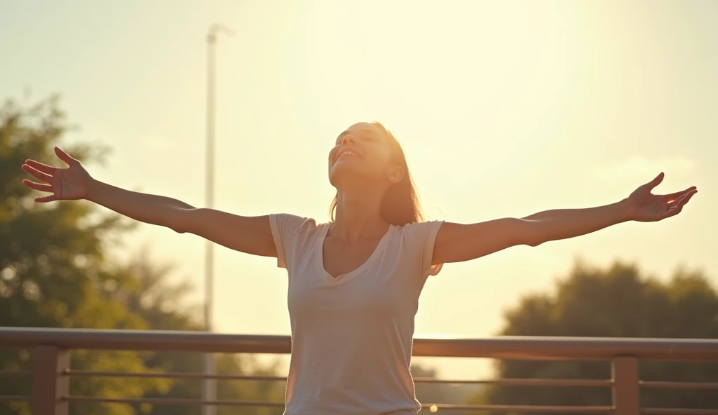 A person standing in an open space, like a park or balcony, with their arms stretched wide and a relieved, contented expression on their face. The sunlight is shining brightly, symbolizing a sense of freedom and release. The background is clear and peacefu...