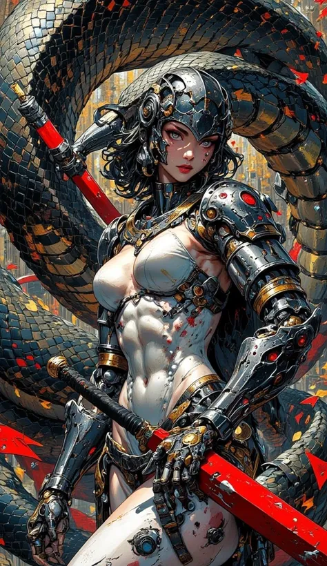  a female gladiator with mechanical arms, perfect shape body, white skin, with wounds and scratched armor, her armor is broken, beautiful waist and big hips, she is holding a big red blade sword, broken black gladiator helmet, she is fighting a black giant...