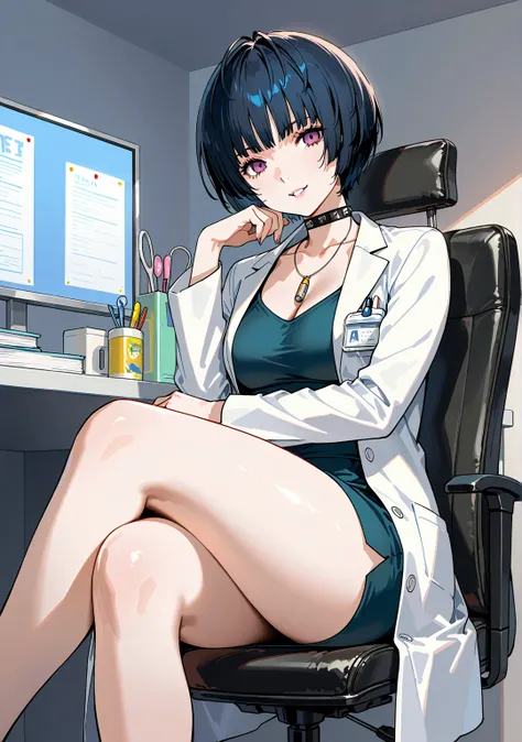  Ultra-high definition、Beauty、Myo Takumi、I'm focusing on Persona's Takemi 、Persona 5、Female doctor、 28 years old 、 black hair、White、Female doctorのコスチューム、 Clinic 室、 top quality, Beautiful Thighs、 Clinic 、 chair with one hand、doctor chair 、 sit with legs cro...